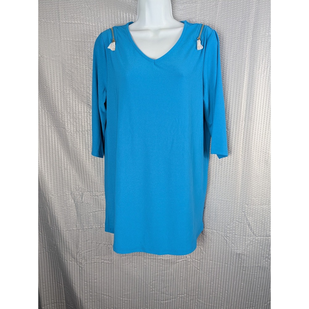 Dennis by Dennis Basso Womens Small Blue Tunic Top Gold Zip Shoulder Accent NWOT